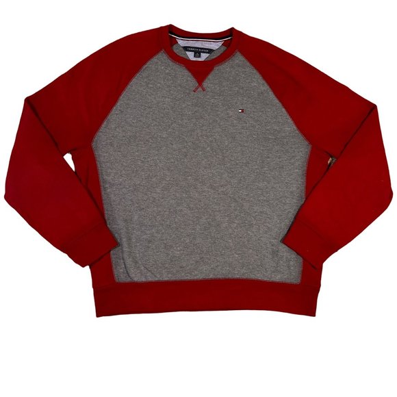 TOMMY HILFIGER Sweater Men's Long Sleeve Crew Neck Pullover Gray Red Extra Large - Picture 1 of 11